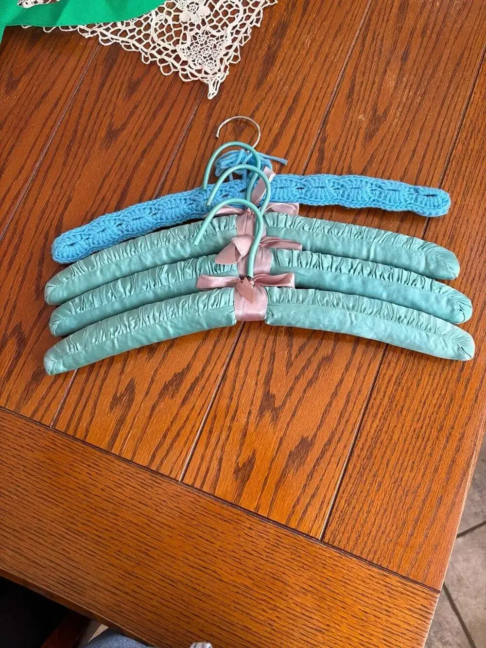 Vintage Satin Padded Clothes Hangers with Crochet Hanger Lot of 4